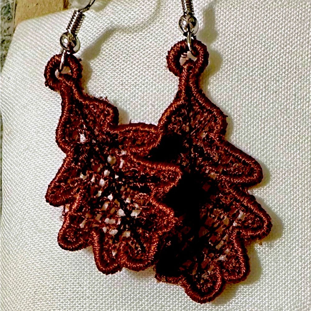 Handmade Embroidered Free Standing Lace Fall Leaves. Earrings. Very Light Weight